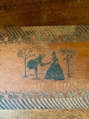 Antique 1910 Primitive Wood Candy Box Courting Couple on Lid - Burned Sillhoute